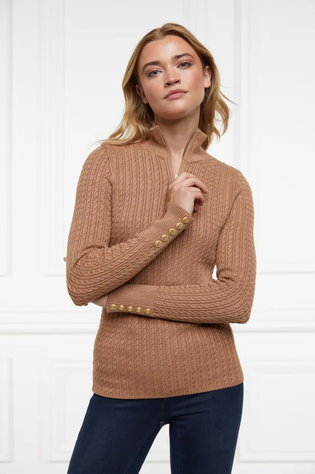 Women Knitwear Holland Cooper Ava Half Zip Knit Dark Camel Marl Women Knitwear Holland Cooper Ava Half Zip Knit Dark Camel Marl