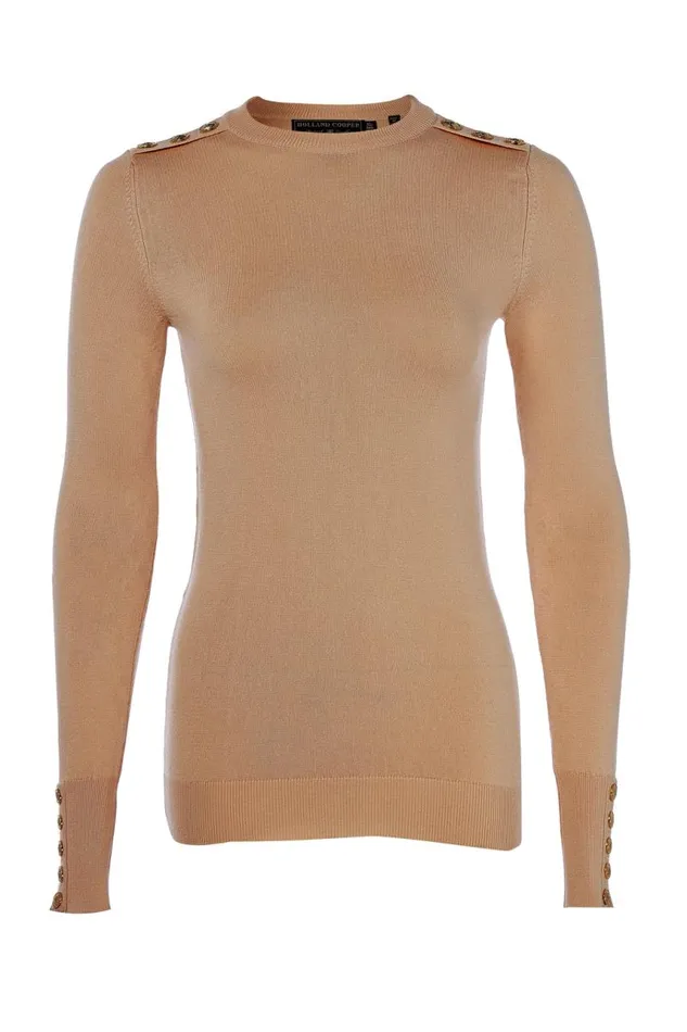 Women Knitwear Holland Cooper Buttoned Knit Crew Neck Dark Camel Women Knitwear Holland Cooper Buttoned Knit Crew Neck Dark Camel