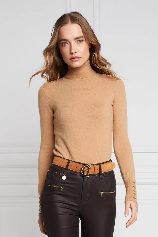 Women Knitwear Holland Cooper Buttoned Knit Roll Neck Dark Camel