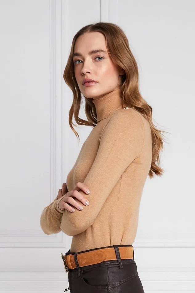 Women Knitwear Holland Cooper Buttoned Knit Roll Neck Dark Camel