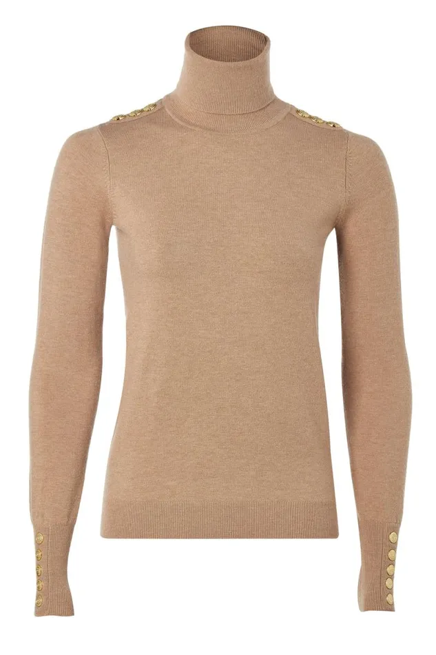 Women Knitwear Holland Cooper Buttoned Knit Roll Neck Dark Camel