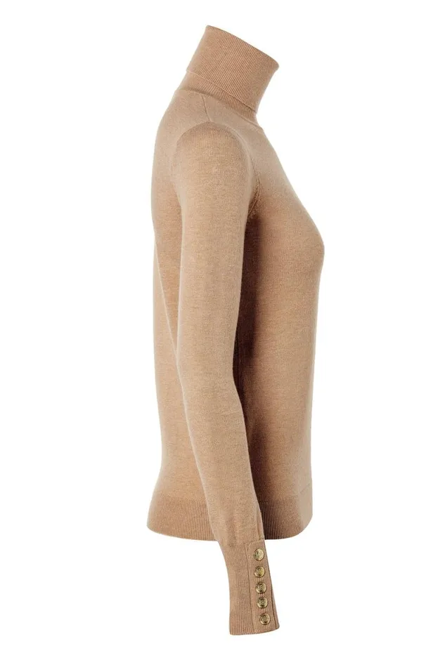 Women Knitwear Holland Cooper Buttoned Knit Roll Neck Dark Camel