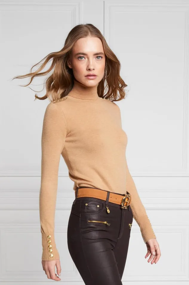 Women Knitwear Holland Cooper Buttoned Knit Roll Neck Dark Camel