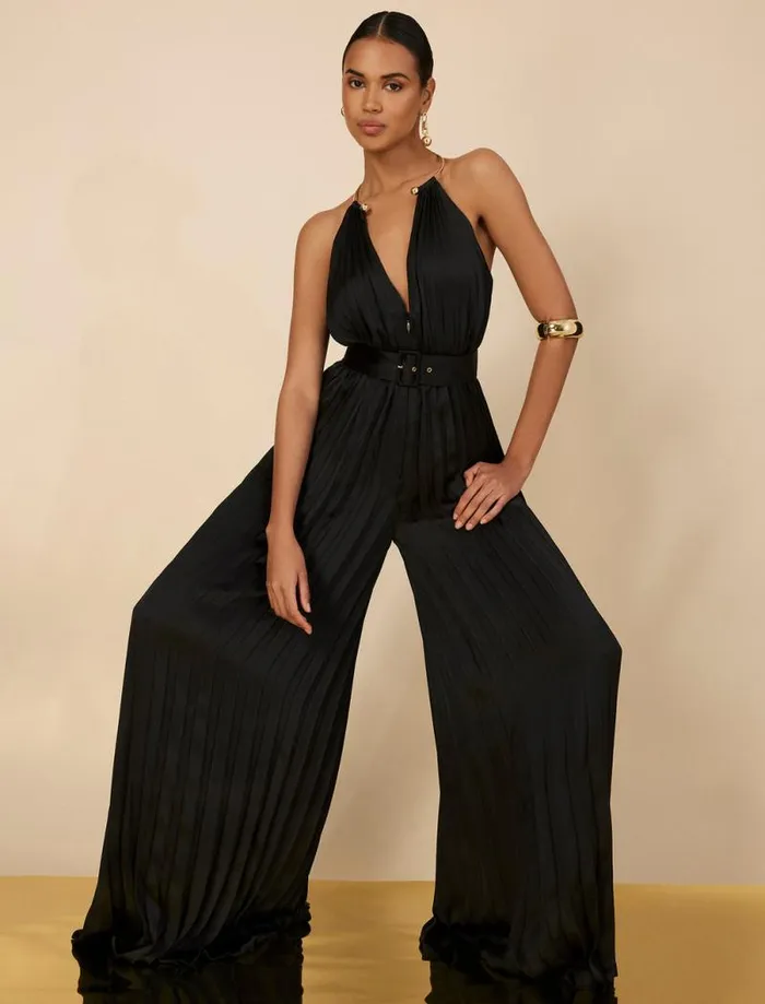 Women Libby Wide Leg Belted Jumpsuit Black BCBG Jumpsuits and Rompers