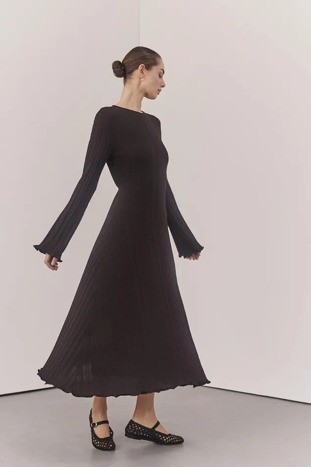 Women Long Sleeve Dresses DISSH SYLVIA BITTER CHOC KNIT MIDI DRESS