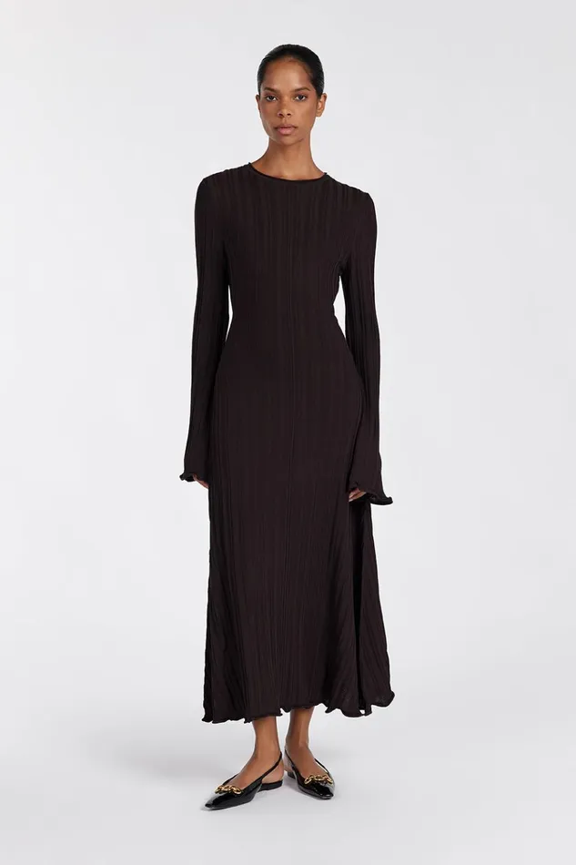 Women Long Sleeve Dresses DISSH SYLVIA BITTER CHOC KNIT MIDI DRESS