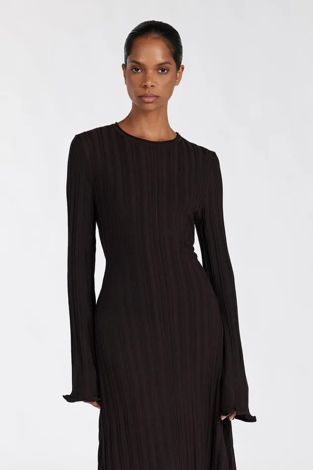 Women Long Sleeve Dresses DISSH SYLVIA BITTER CHOC KNIT MIDI DRESS