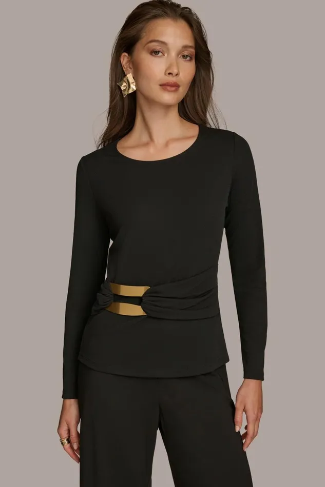 Women LONG SLEEVE TOP WITH BRUSHED HARDWARE DETAIL Black Donna Karan New York Sweaters And Tops