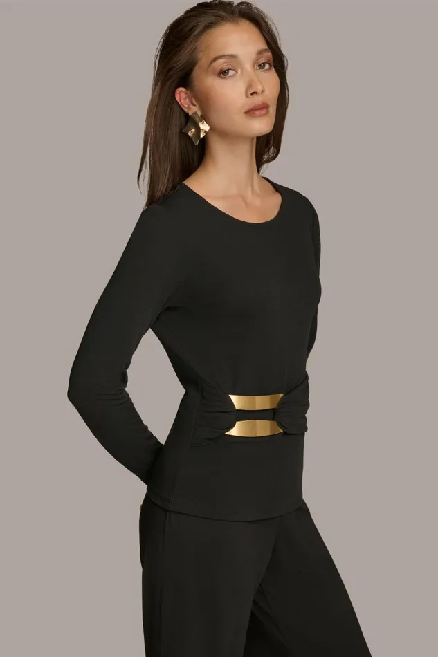Women LONG SLEEVE TOP WITH BRUSHED HARDWARE DETAIL Black Donna Karan New York Sweaters And Tops