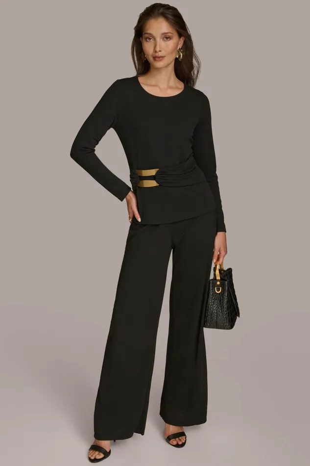 Women LONG SLEEVE TOP WITH BRUSHED HARDWARE DETAIL Black Donna Karan New York Sweaters And Tops