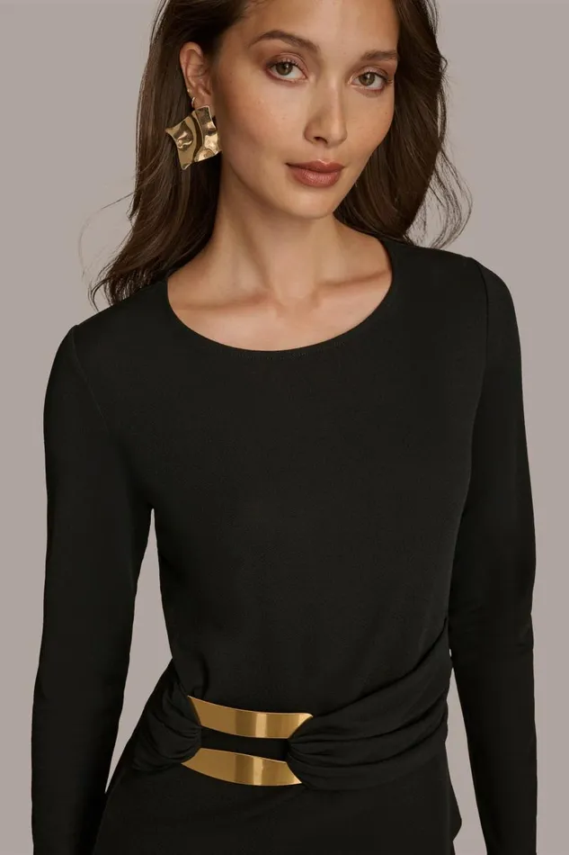 Women LONG SLEEVE TOP WITH BRUSHED HARDWARE DETAIL Black Donna Karan New York Sweaters And Tops