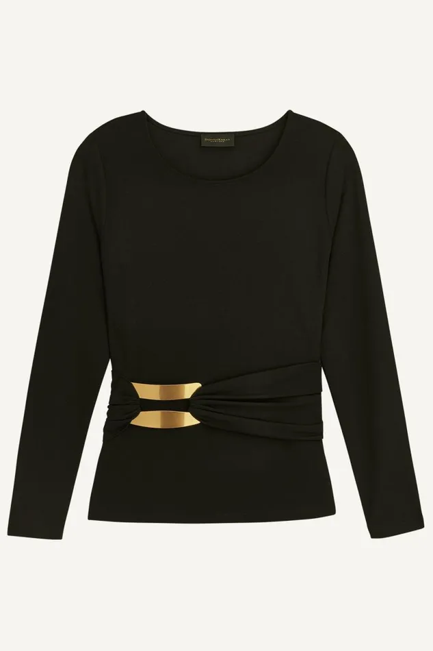 Women LONG SLEEVE TOP WITH BRUSHED HARDWARE DETAIL Black Donna Karan New York Sweaters And Tops