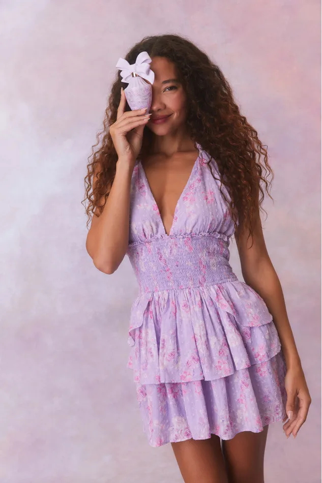 Women LoveShackFancy Dresses Deanna Fragrance Print Halter Mini Dress Hibiscus