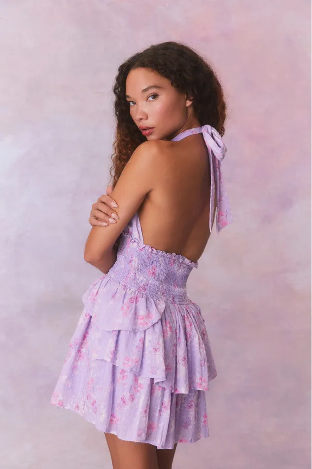 Women LoveShackFancy Dresses Deanna Fragrance Print Halter Mini Dress Hibiscus