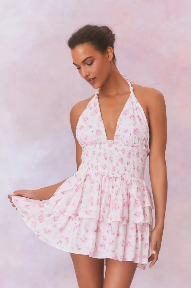 Women LoveShackFancy Dresses Deanna Fragrance Print Halter Mini Dress Sterling Dusk