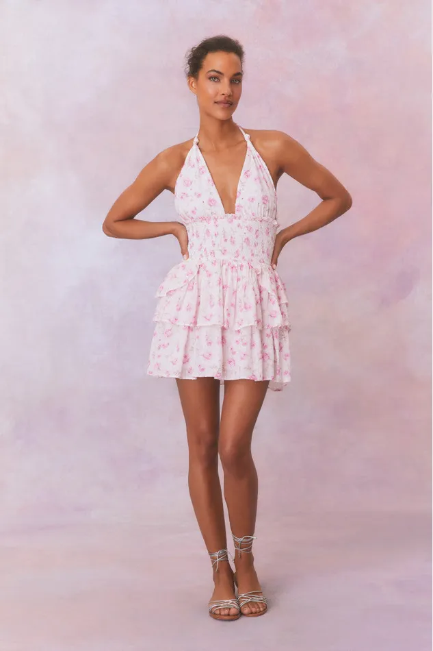 Women LoveShackFancy Dresses Deanna Fragrance Print Halter Mini Dress Sterling Dusk