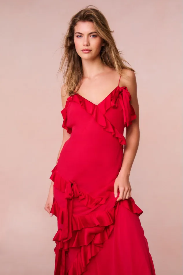 Women LoveShackFancy Dresses Rialto Silk Ruffle Maxi Dress Red