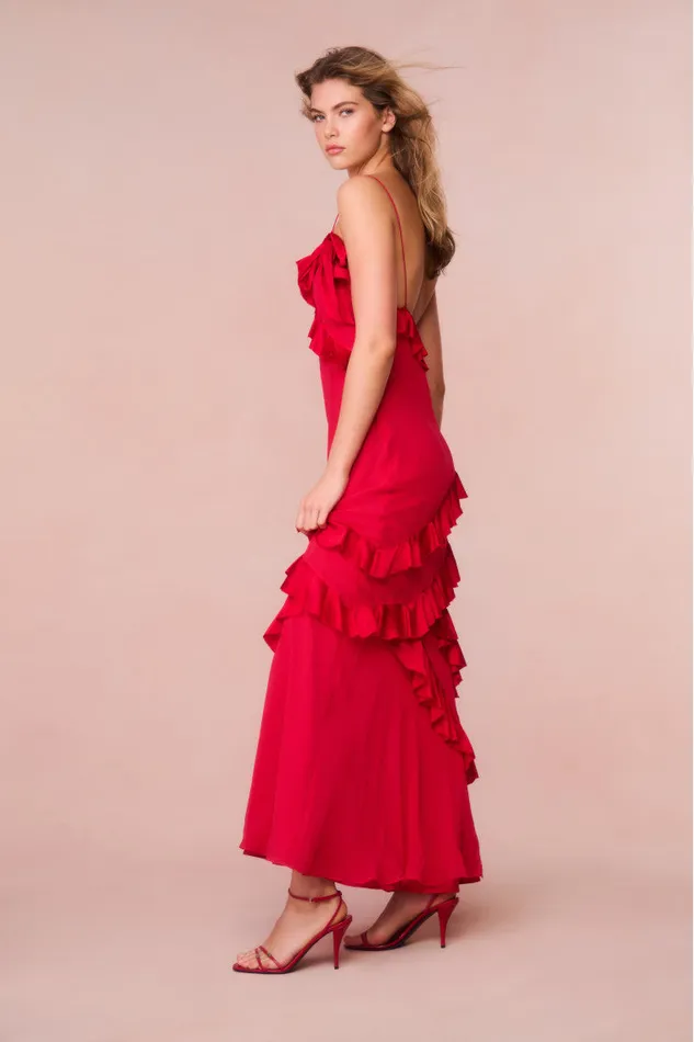 Women LoveShackFancy Dresses Rialto Silk Ruffle Maxi Dress Red