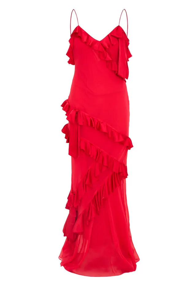 Women LoveShackFancy Dresses Rialto Silk Ruffle Maxi Dress Red