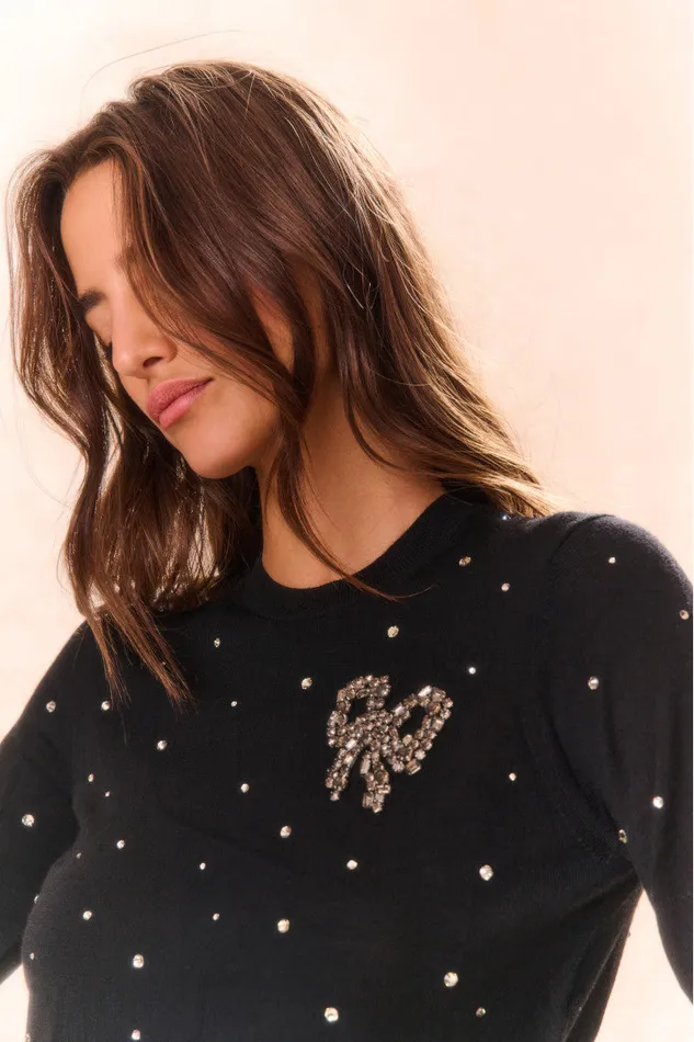 Women LoveShackFancy Sweaters Pammie Embellished Wool Pullover Black