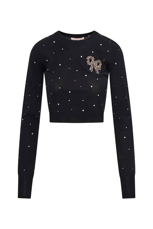 Women LoveShackFancy Sweaters Pammie Embellished Wool Pullover Black