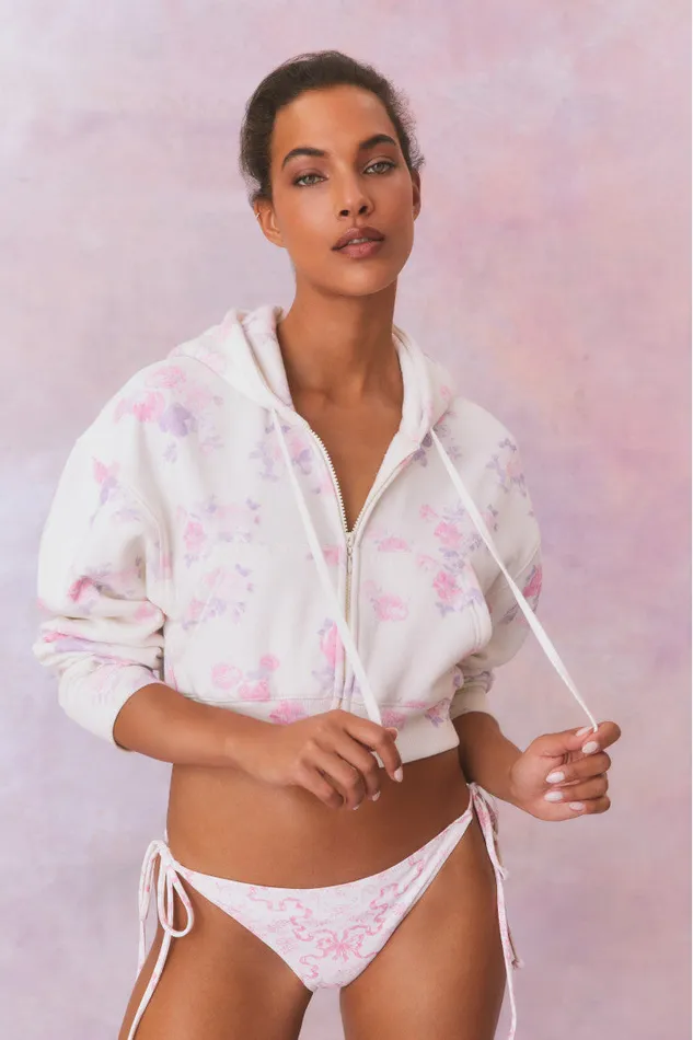 Women LoveShackFancy Tees and Fleece Pierra Crop Floral Print Logo Hoodie Lilac Pearl