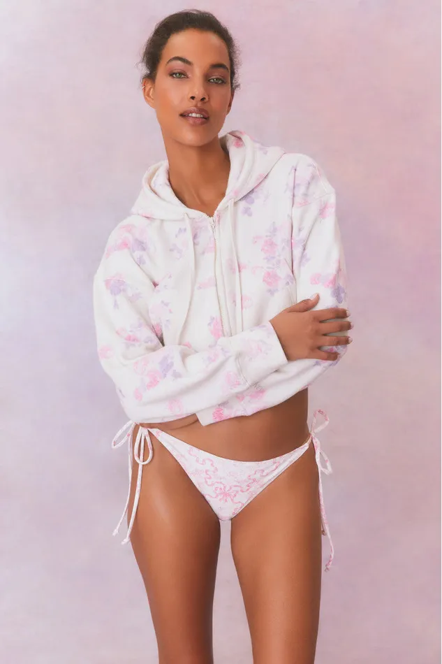 Women LoveShackFancy Tees and Fleece Pierra Crop Floral Print Logo Hoodie Lilac Pearl