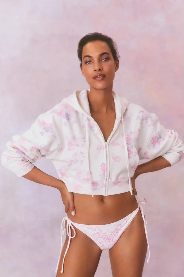 Women LoveShackFancy Tees and Fleece Pierra Crop Floral Print Logo Hoodie Lilac Pearl
