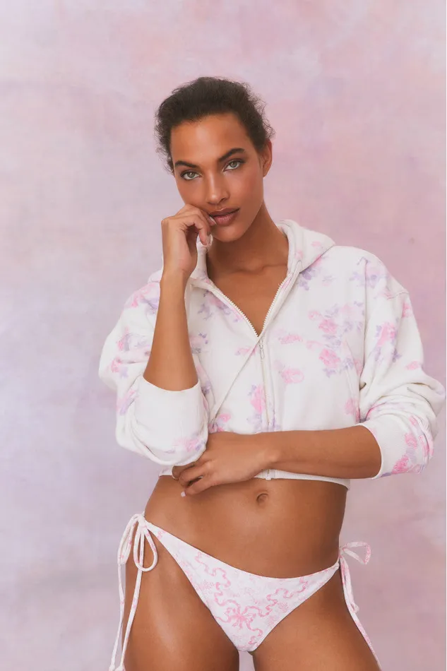 Women LoveShackFancy Tees and Fleece Pierra Crop Floral Print Logo Hoodie Lilac Pearl