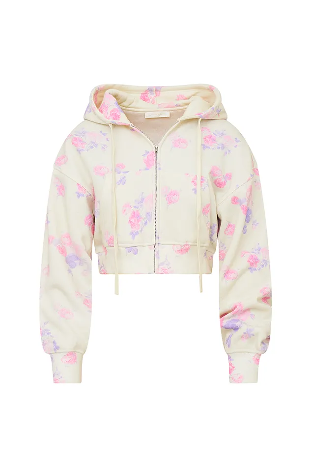 Women LoveShackFancy Tees and Fleece Pierra Crop Floral Print Logo Hoodie Lilac Pearl