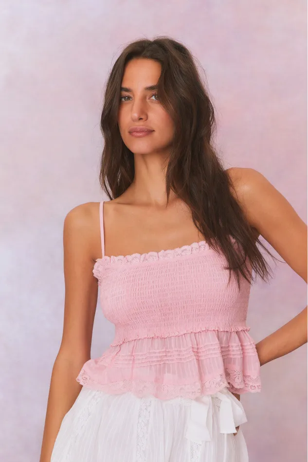 Women LoveShackFancy Tops Marzenia Cotton Smocked Top Cherry Pink
