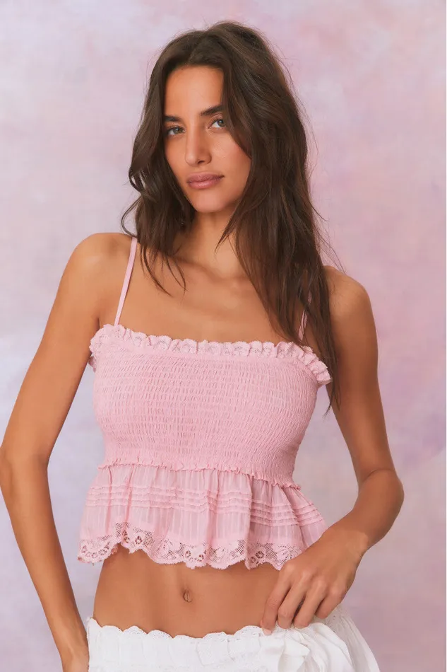 Women LoveShackFancy Tops Marzenia Cotton Smocked Top Cherry Pink