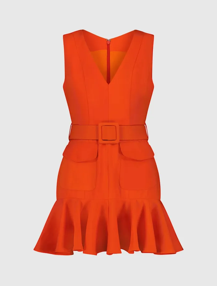 Women Mac Duggal Sleeveless Crepe Mini Dress With Belt And Front Pockets Sunset Every Day Dresses