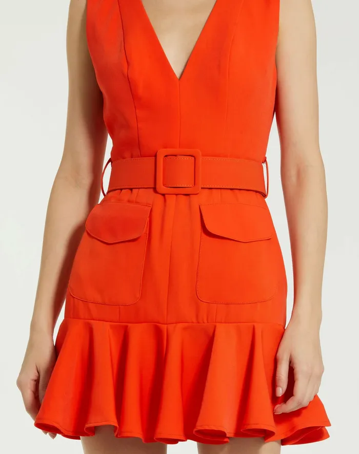 Women Mac Duggal Sleeveless Crepe Mini Dress With Belt And Front Pockets Sunset Every Day Dresses