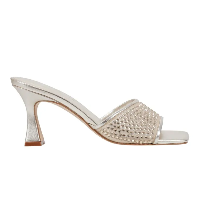 Women Marc Fisher Mules and Slides Delaney Studded Slide Sandal Platino Leather