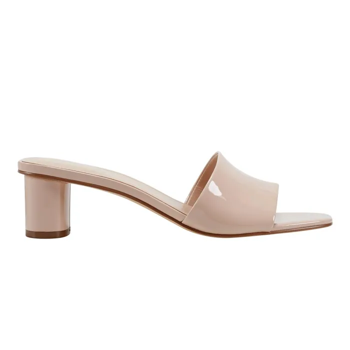 Women Marc Fisher Mules and Slides Nemmie Heeled Slide Sandal Natural Patent Leather