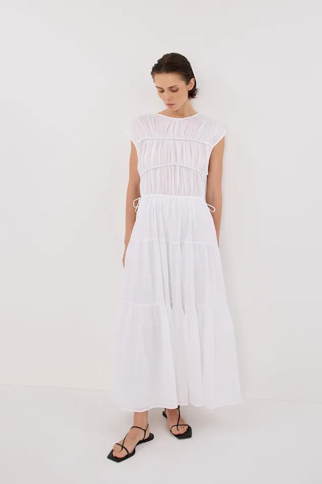 Women Midi Dresses DISSH FLYNN WHITE LINEN BLEND MIDI DRESS