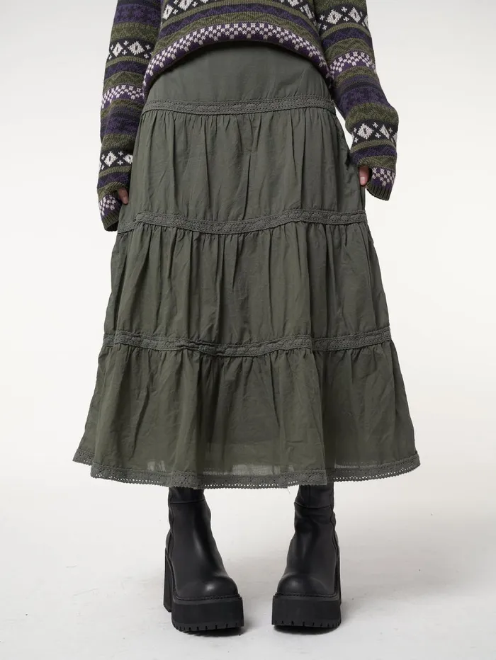 Women Minga London Bottoms Foggy Green Ruffle Lace Maxi Skirt