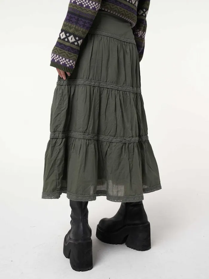 Women Minga London Bottoms Foggy Green Ruffle Lace Maxi Skirt