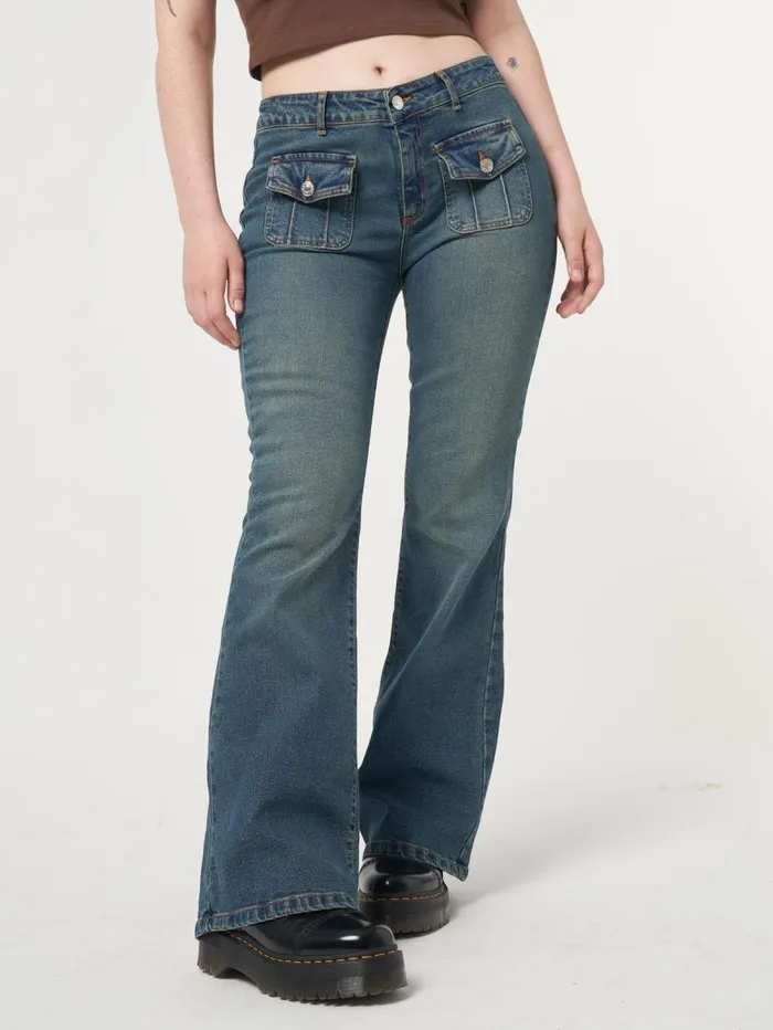Women Minga London Bottoms Jade Overdye Front Pocket Flare Jeans