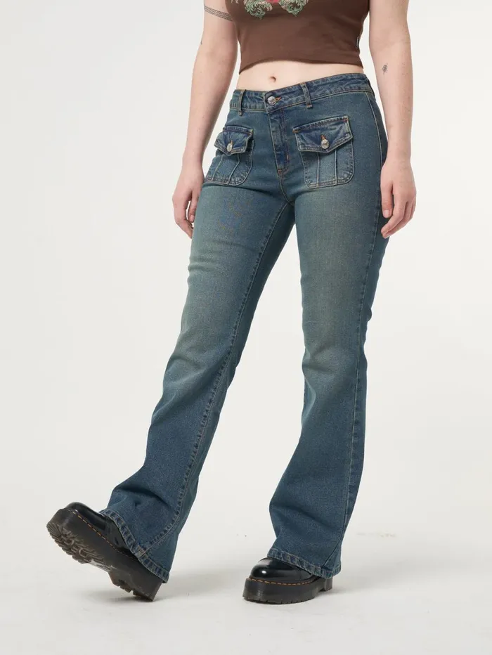 Women Minga London Bottoms Jade Overdye Front Pocket Flare Jeans