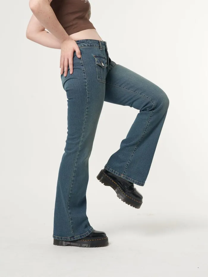 Women Minga London Bottoms Jade Overdye Front Pocket Flare Jeans