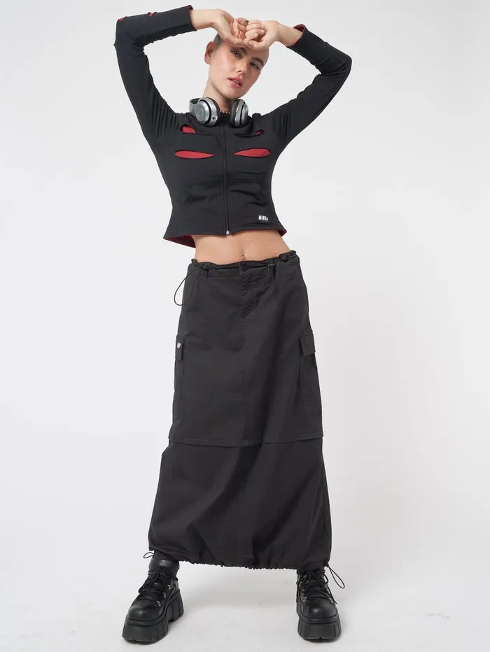 Women Minga London Bottoms Ruby Black Maxi Tech Cargo Skirt