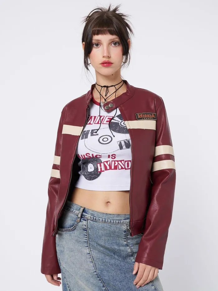 Women Minga London Jackets and Cardigans Chiara Red Vegan Racer Jacket