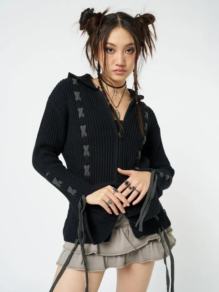 Women Minga London Jackets and Cardigans Nixie Black Lace Up Cardigan
