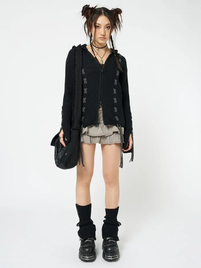 Women Minga London Jackets and Cardigans Nixie Black Lace Up Cardigan