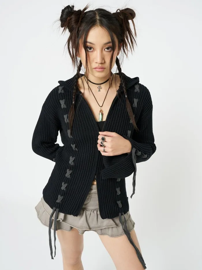 Women Minga London Jackets and Cardigans Nixie Black Lace Up Cardigan