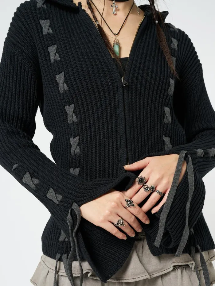 Women Minga London Jackets and Cardigans Nixie Black Lace Up Cardigan