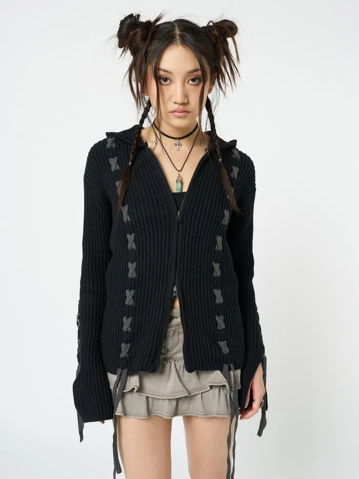 Women Minga London Jackets and Cardigans Nixie Black Lace Up Cardigan