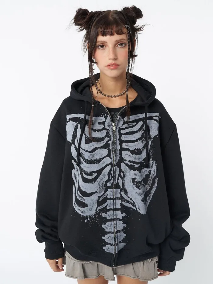 Women Minga London Jackets and Cardigans Skeleton Black Zip Up Hoodie